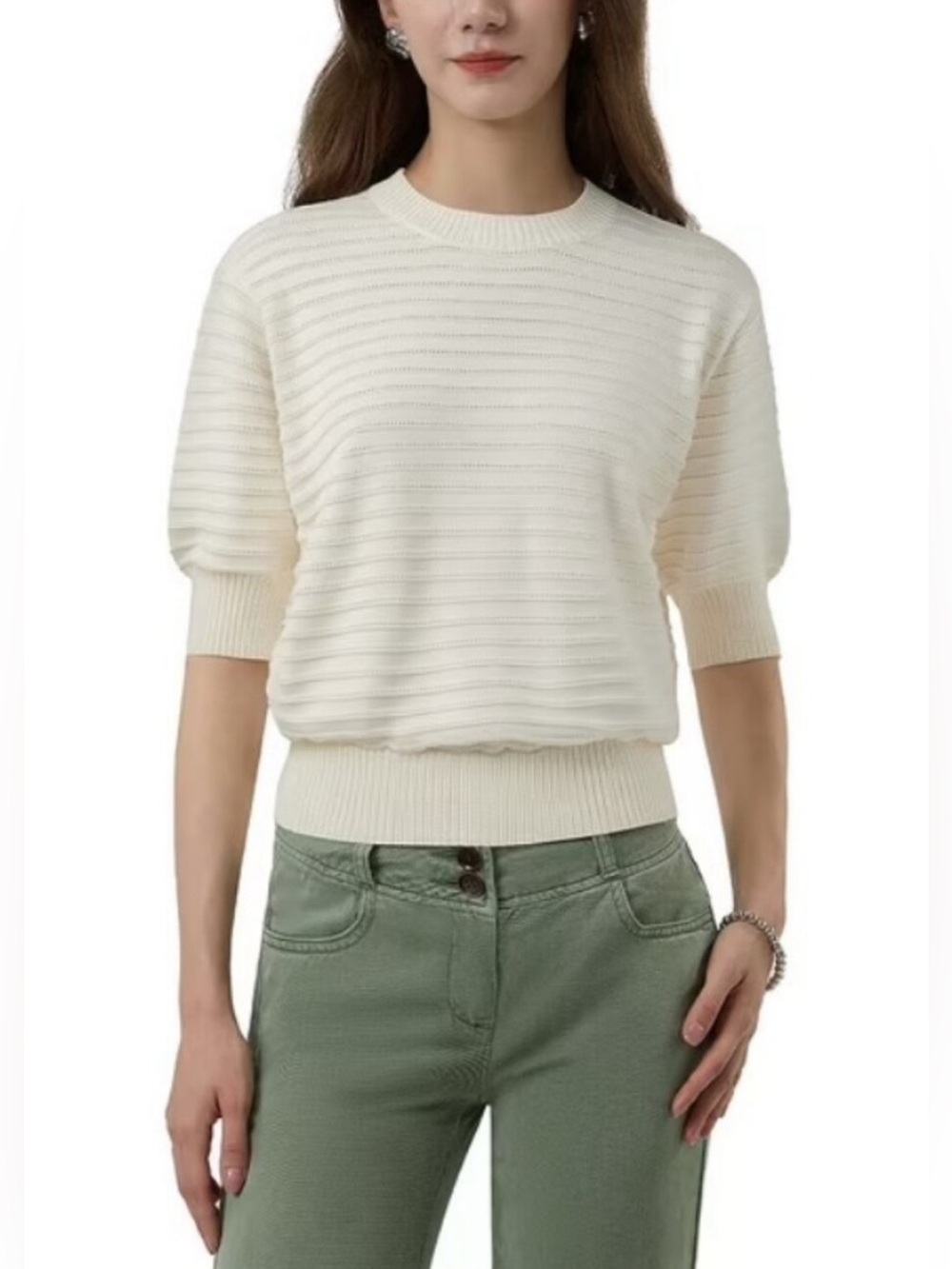 Frye Cream Short-Sleeve Ribbed Crewneck Sweater